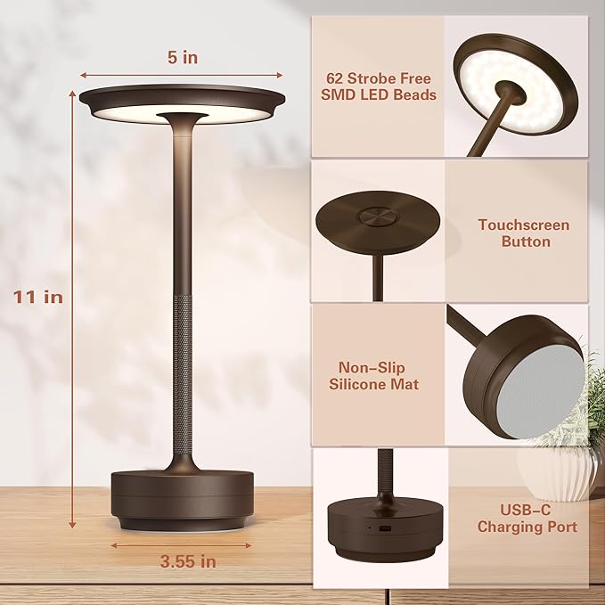 Cordless Table Lamp, Rechargeable 5000mAh Outdoor LED Table Lamp, 3 Levels Brightness Dimming IP54 Waterproof Touch Battery Powered Table Lights, Dining Room/Patio/Nightstand (2Pack Brown)