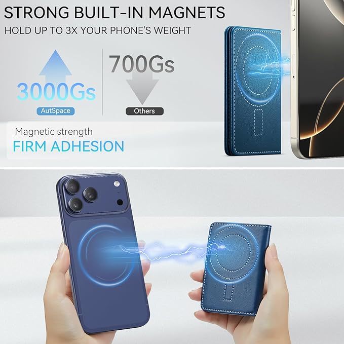 Vinich for MagSafe Wallet Magnetic RFID Blocking Card Holder Compatible with MagSafe Phones and Cases, Strong Magnet Minimalist Phone Wallet for iPhone 17/16/15/14/13/12/ Pro/Max/Plus, Blue