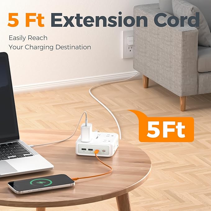 TESSAN Dual Surge Protector Power Strip, 5 Ft Extension Cord Flat Wall Plug with 4 USB (2 USB C) 8 Outlets, 2100J Surge Protection, 20W Multiple Charging Station for Home, Office, College, Dorm, Grey