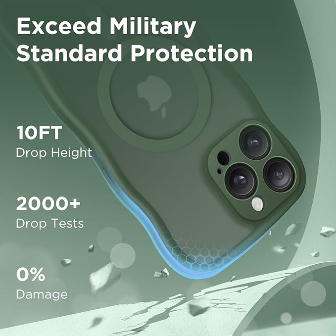 CAPRARO for iPhone 16 Pro Max Case for Women Girls, Upgraded [Full Camera Protection] [Compatible with MagSafe] Cute Wave Translucent Matte Phone Case for iPhone 16 Pro Max, Deep Green