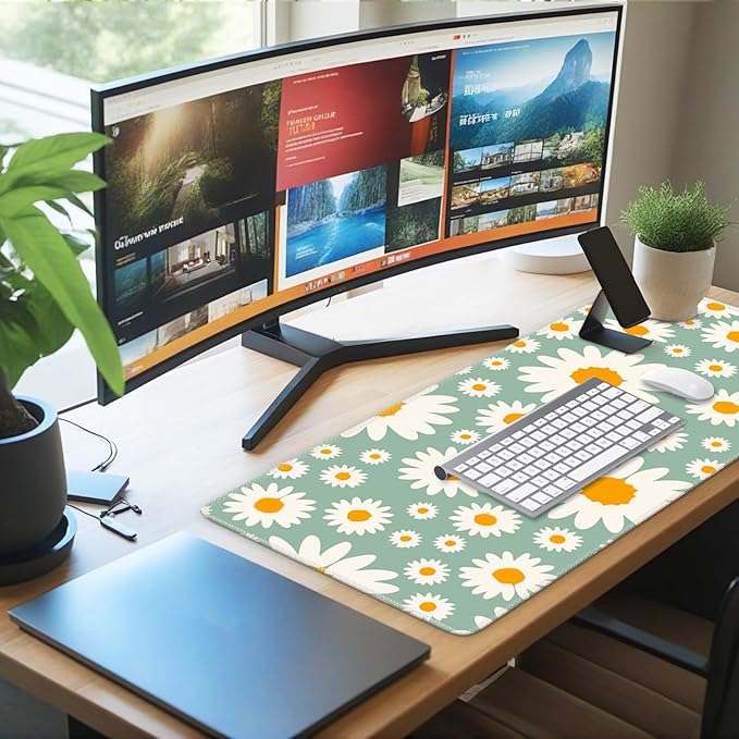 iCasso XXL Large Mouse Pad for Desk, Anti-Slip Big Mousepad with Stitched Edges, Keyboard Mat for Work, Gaming (Daisy)