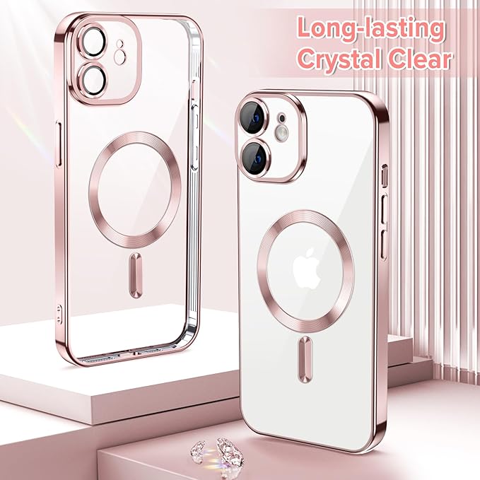 Hython Magnetic Clear for iPhone 11 Case with Camera Lens Protector [Compatible with MagSafe] Luxury Plating Edge Slim Soft TPU Cover Protective Phone Case for iPhone 11 6.1", Pink
