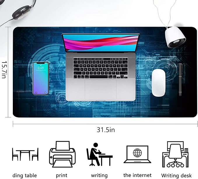 Extended Large Gaming Mouse Pad Abstract Blue Futuristic Tech XXL Size Keyboard Mouse Mat Desk Pad with Non Slip Rubber Base Stitched Edges Office Decor for Women Girls Men,35.4 x 15.7inch