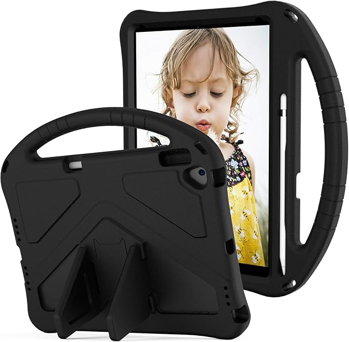 Kids Case for iPad 7th 8th 9th Gen/Air 3rd Gen/Pro 10.5", Techcircle Lightweight Shockproof EVA Foam Rugged Handle Stand Anti-Slip Grip Protective Case with Pencil Holder, Black