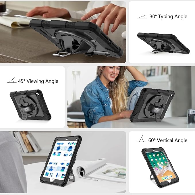 MENZO Shockproof Case for iPad 5th Gen/6th Gen/Air 2/Pro 9.7-inch with 360° Swivel Stand, Pencil Holder, Detachable Hand and Shoulder Strap, Black