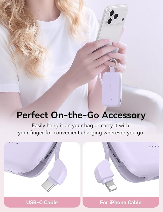 RORRY CharmGo Portable Charger, 10000mAh PD 30W Fast Charging Portable Charger Power Bank with Built-in Cables, Travel Keychain Charger Battery Pack for iPhone 17/16/15, for AirPods 2/3/4/Pro, Purple