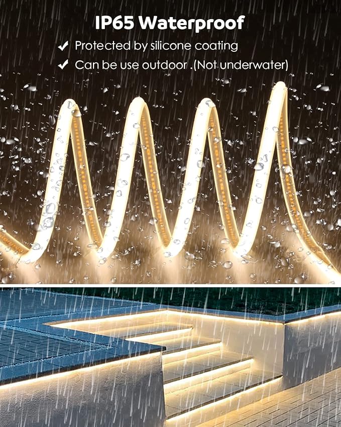 Aclorol 100FT Outdoor COB LED Strip Lights Waterproof Warm White 1 Roll AC 110V-120V Flexible Dimmable LED Lights Strip with Remote High Density COB LED Rope Light for Garden Commercial Building 3000K