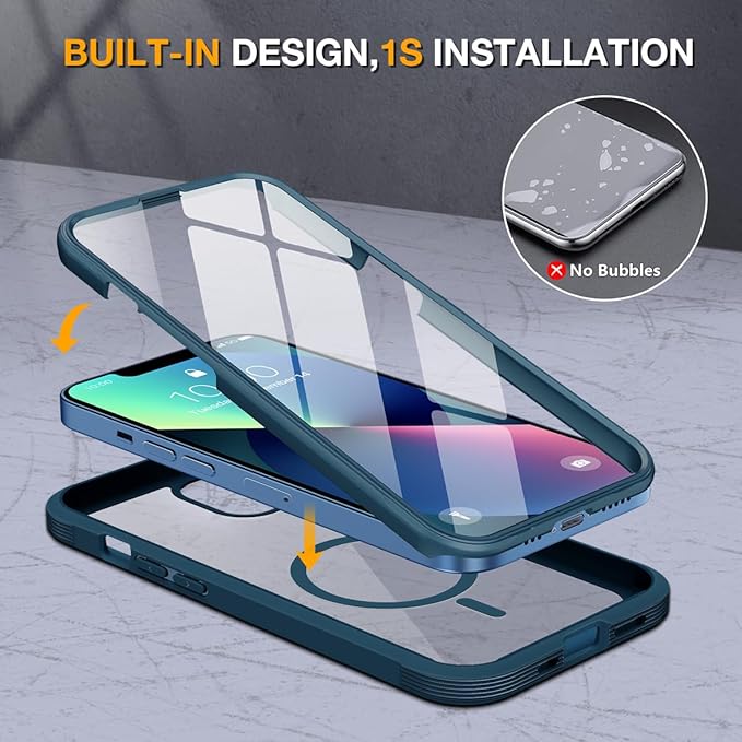 Miracase for iPhone 13 Case 6.1'',Full-Body Magnetic Clear Bumper Case with Built-in 9H Tempered Glass Screen Protector,Military Drop Protection Outdoor Phone Case,Storm Blue