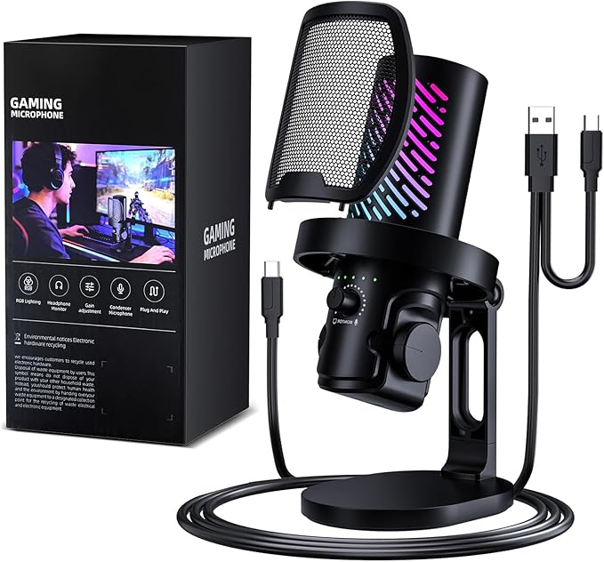 CG1 RGB Condenser Microphone Plug & Play, Noise Cancellation, Mute,Computer/Mic Monitoring Balance Adjustment, Headphone Jack, Desktop Stand for Gaming, Streaming, Podcasting, PC/Type-C Phones