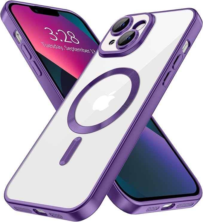 Hython Magnetic Clear for iPhone 13 Case with Camera Lens Protector [Compatible with MagSafe] Luxury Plating Edge Slim Soft TPU Cover Protective Phone Case for iPhone 13 6.1", Matte Purple