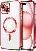 Hython Magnetic Clear for iPhone 15 Case with Camera Lens Protector [Compatible with MagSafe] Luxury Plating Edge Slim Soft TPU Cover Protective Phone Case for iPhone 15 6.1", Red