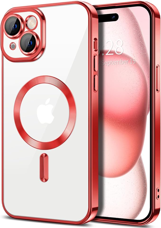 Hython Magnetic Clear for iPhone 15 Case with Camera Lens Protector [Compatible with MagSafe] Luxury Plating Edge Slim Soft TPU Cover Protective Phone Case for iPhone 15 6.1", Red
