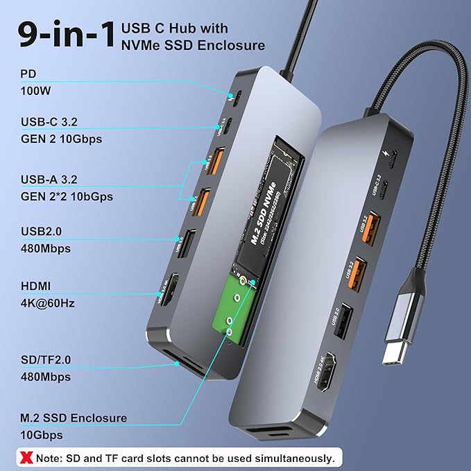 USB C Docking Station with M.2 NVMe SSD Enclosure 10Gbps, 9 in 1 USB-C Hub, Type C SSD Slot with 4K@60Hz HDMI, USB 3.2 Gen2, PD100W, SD/TF Card Reader, Laptop Docking Station for Dell/HP/Lenovo/Mac