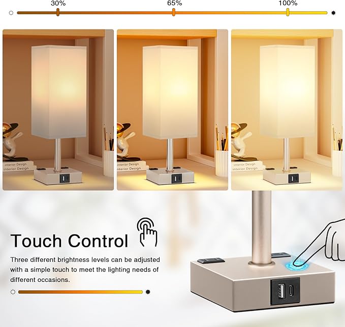 Antique White Touch Table Lamp - Mochaca Gold Bedside Lamp with USB A + Type C Charging Ports and two AC Outlets, Small Night Stand with E26 LED Bulb, Desk Light for Bedroom Living Room Office Dorm