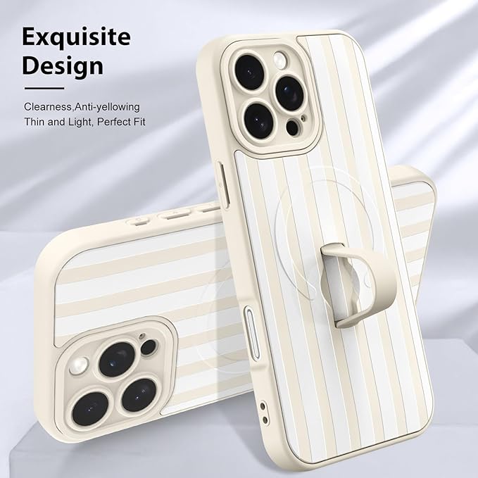 KANGHAR Compatible with iPhone 16 Pro Case, Support for MagSafe, Silicone Stripes Cute Pattern, Wristband Kickstand Camera Protection Soft Slim Cover for Girls Women -White