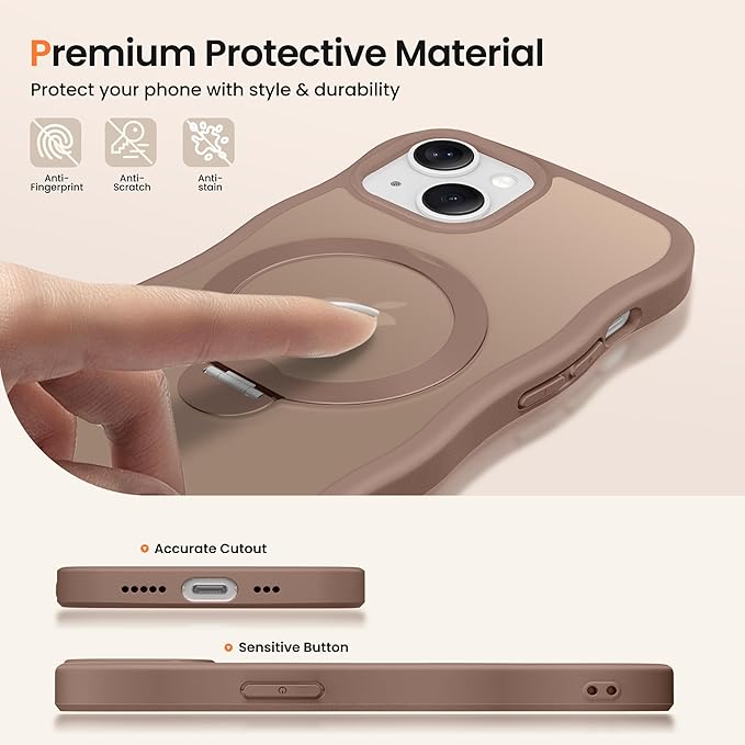 CAPRARO for iPhone 13 Case & iPhone 14 Case with 360° Spin Magnetic Stand for Women, [Compatible with MagSafe] [Camera Protection] Cute Wave Translucent Matte Case for iPhone 13/14, Brown