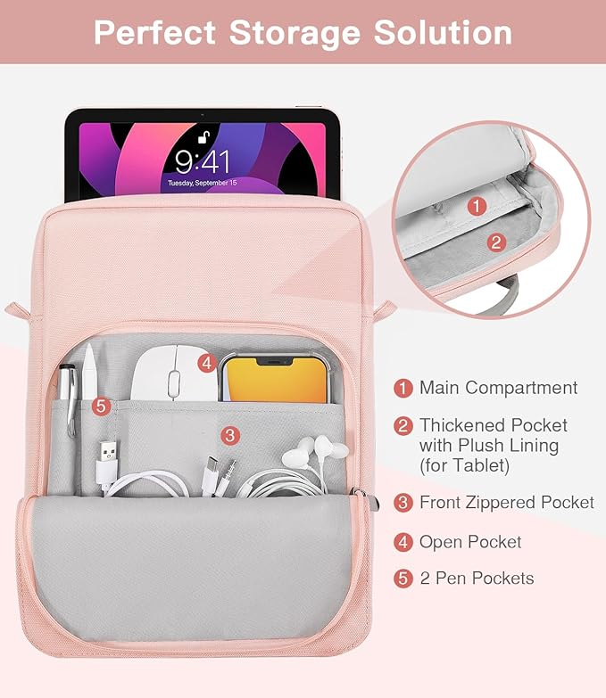 MoKo 13 Inch Tablet Sleeve Bag, Fits with 13 Inch New iPad Pro M5 & Air M4/M3, iPad Pro 12.9 M2&M1,Surface Laptop Go 12.4,Galaxy Tab S8+/S9+ 12.4,Handle Carrying Case with Shoulder Strap, Pink