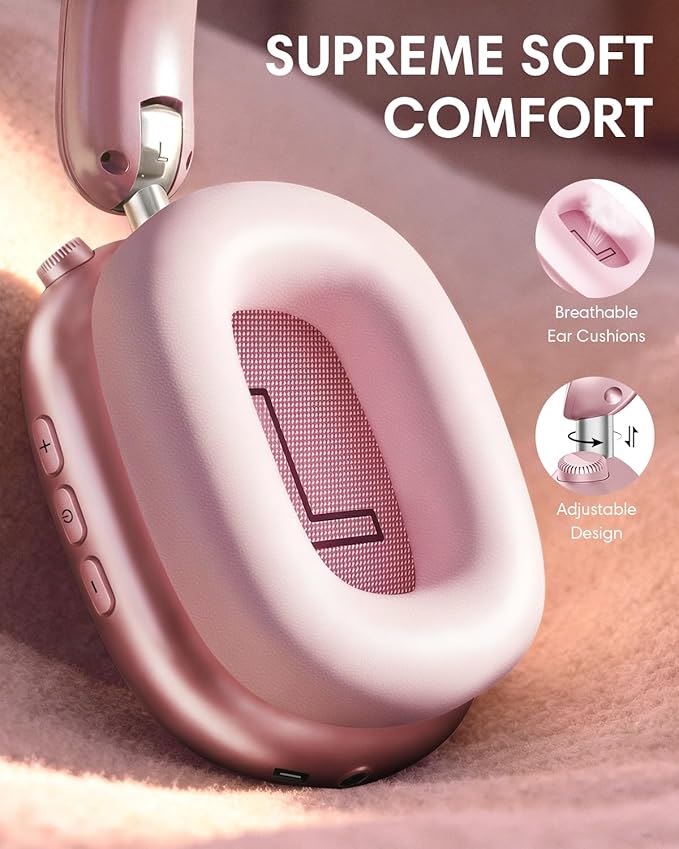 Wentronic Y02 Active Noise Cancelling Headphones, Wireless Over-Ear Bluetooth 5.4 Headphones, Multiple Modes, 60H Playtime, Hi-Res Audio, Big Bass, Foldable Lightweight for Travel Home Office, Pink