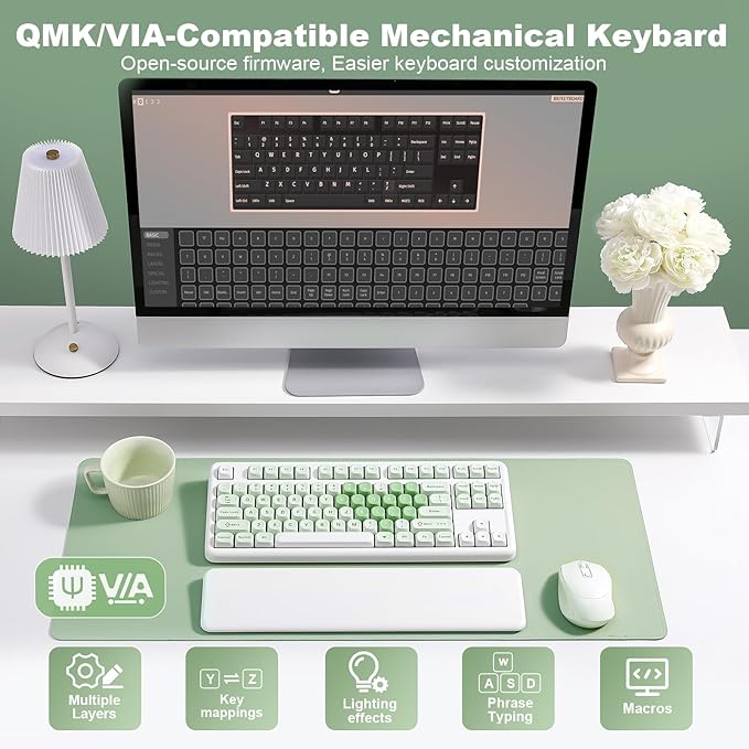 YUNZII B87 Wireless Mechanical Keyboard,QMK/VIA Programmable,TKL Layout 87 Keys,BT/2.4G/USB-C,Hot Swap Gasket Mount RGB Backlit Gaming with Wrist Rest for Win/Mac (Matcha Heart, Milk V2)