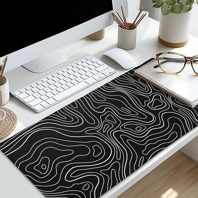 Kawani Topographic Contour Gaming Mouse Pad XL,Large Black Mouse Mat Desk Pad 31.5/inch x 11.8/inch,Extended Stitched Anti-Slip Base Long Computer Keyboard Mousepad Home Laptop Game Office Work