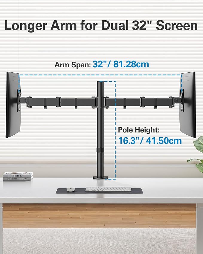 HUANUO Dual Monitor Mount up to 32 Inch Screens, Heavy-Duty Steel Dual Monitor Stand, Full Motion Adjustable Arm with Tilt, Swivel, Rotate, Holds up to 17.6 lbs per Arm, VESA 75/100mm
