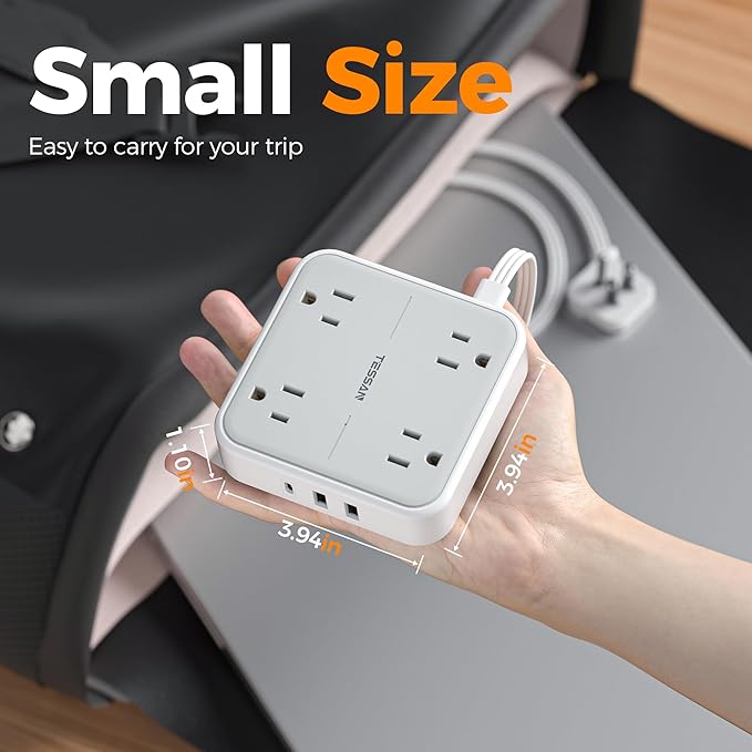 TESSAN Surge Protector Flat Extension Cord 10Ft, Ring Plug Power Strip with 4 Outlets 3 USB Ports (1 USB C), 900 Joules Protection, Multiple Wall Outlet Extender Suitable for Home Office Dorm, Grey