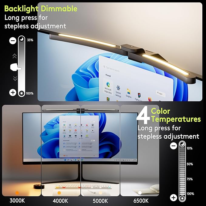 Quntis 1000R Curved Monitor Light Bar, Dual Adjustable Led Desk Lamp with Remote - Independently Rotate 2 LED Arc-Shaped Light Bars Specially Designed for Curved and 34'' Large Screen
