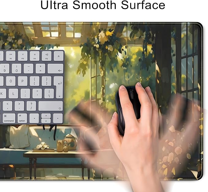 Cute Cat Desk Mat Green Plants Aesthetic Desk Pad Anime Kawaii Gaming Mouse Pad Large Mousepad Extended XL Laptop Keyboard Mouse Mat 31.5"x11.8" with Stitched Edges Non-Slip Rubber Base