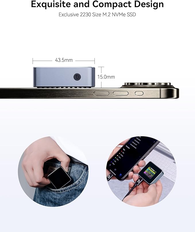 DockCase Pocket M.2 2230 NVMe SSD Enclosure,Support 3s PLP Prevents Write Data Loss,USB 3.2 Gen 2 Type-C (10 Gbps), fits NVMe PCIe, Exclusive to Size 2230,Support M-Key B+M Key UASP (Grey)