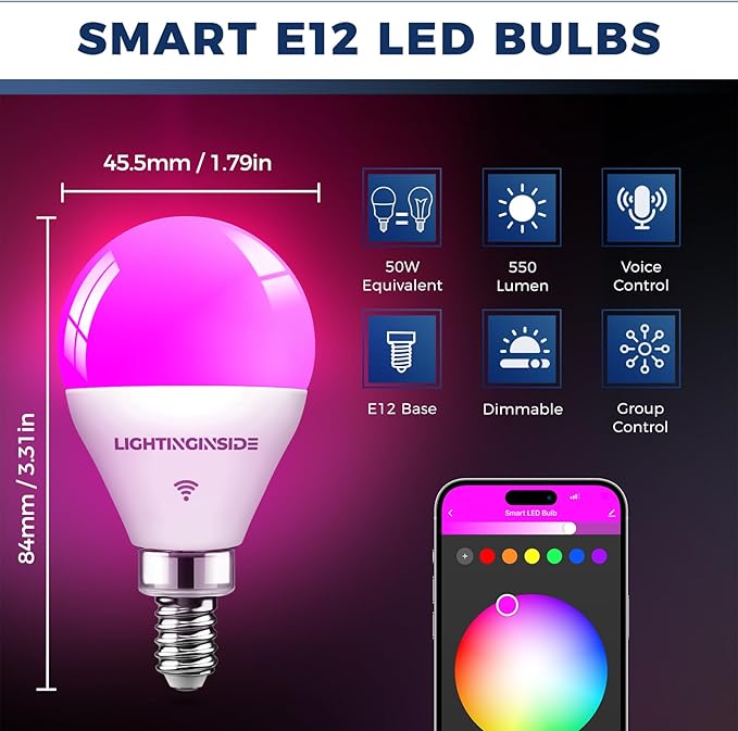Lightinginside E12 Smart Light Bulbs 50W Equiv., G16.5 RGBCW Candelabra Chandelier Ceiling Fan Smart Bulb Works with Alexa/Google Home/SmartLife, 5W 550LM, 2.4G WiFi Bluetooth Bulb, ETL Listed, 6PCS