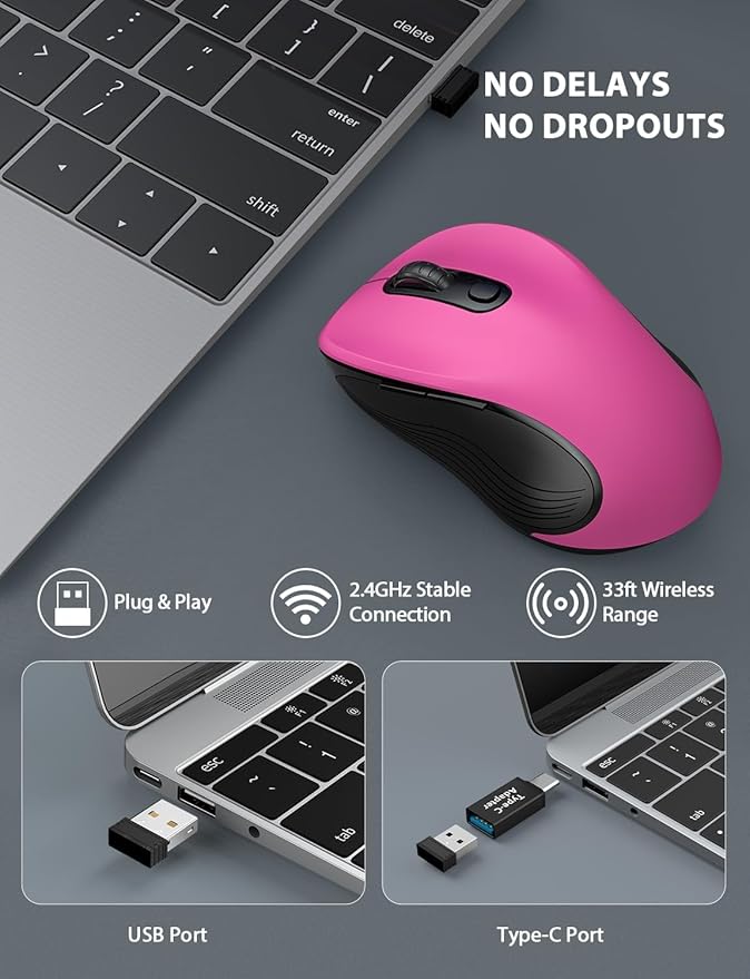 Trueque Wireless Mouse, 2.4GHz Ergonomic Mouse for Laptop & PC, Silent Portable Computer Mice with Back & Forward Buttons, USB-C Adapter for Windows/Mac, M01 (Fuchsia)