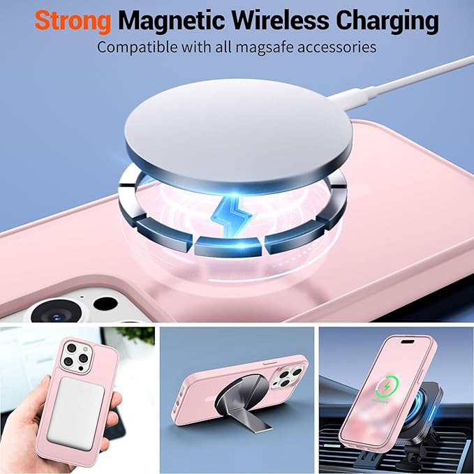 SUPFINE Magnetic for iPhone 15 Pro Max Case (Compatible with MagSafe) (Military Grade Drop Protection) Translucent Matte Shockproof Phone Cover,Light Pink