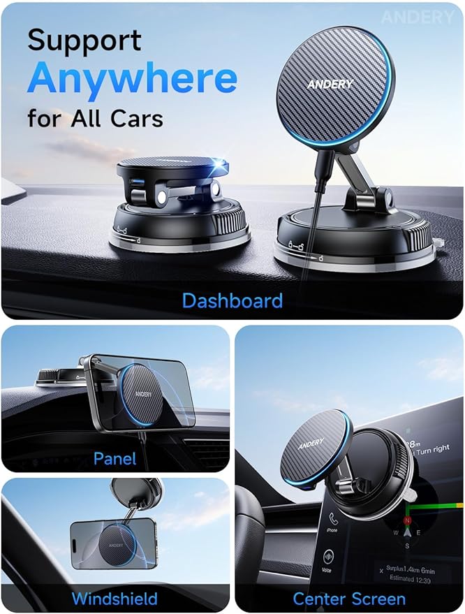 ANDERY Only for iPhone Magsafe Car Mount Charger [15W Fast Wireless Charging, 78+LBS Strong Suction 2400gf Strong Magnetic] 360° Adjustable Car Phone Holder, Phone Holders for Your Car for pats & mats