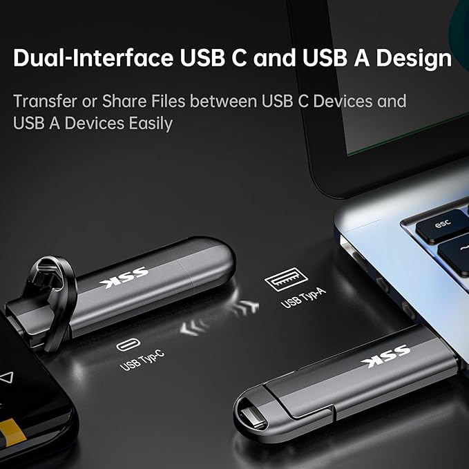 SSK 2TB Dual USB C Flash Drive, 2-in-1 Type C+USB A 3.2 Gen2 External Solid State Thumb Drive,Speed Up to 550MB/s Memory Stick Data Storage for iPhone 15/16/17/Android Phone/Tablet/MacBook/Windows