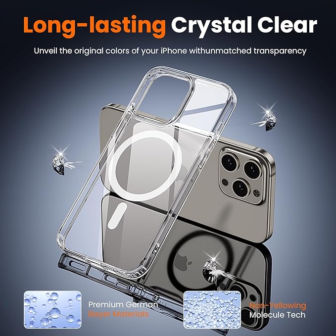 toushion 3 in 1 for iPhone 15 Pro Max Case Clear with MagSafe, Not Yellowing, Screen Protector*1 Camera Lens Protector*1, Military-Grade Protection for iPhone 15 Pro Max Phone Case 6.7 inch Clear