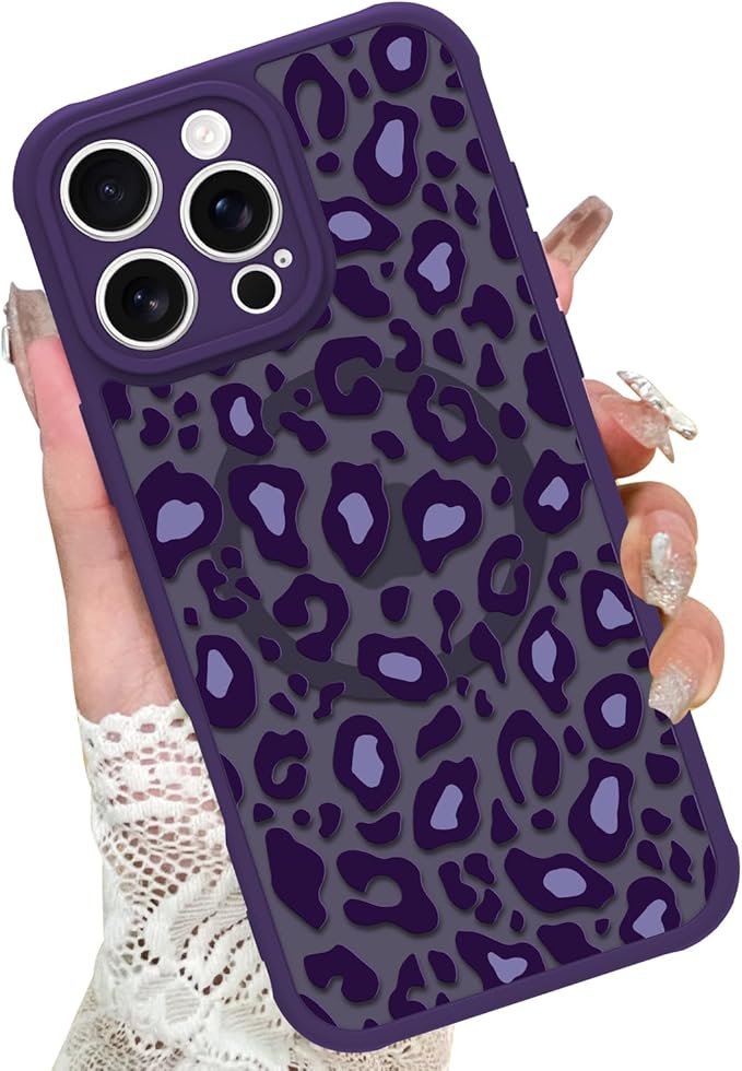 KANGHAR Case for iPhone 16 Pro Max Purple Leopard Printed Pattern Cute Cheetah [Compatible with Magsafe] Protective Magnetic Case for Girls Women 6.9"