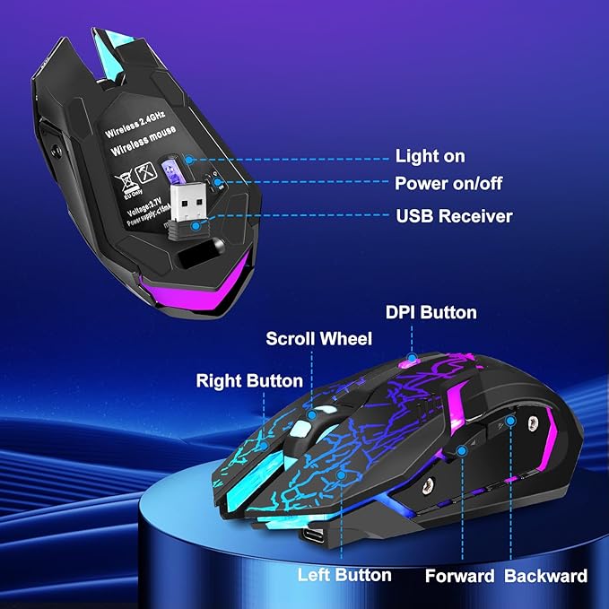 Wireless Gaming Mouse, Rechargeable Wireless Computer Mouse with Type-C Fast Charging, Ergonomic Mouse with 3 Adjustable DPI, 6 Silent Buttons, LED Light, Long Battery Life for Laptop, PC, Mac