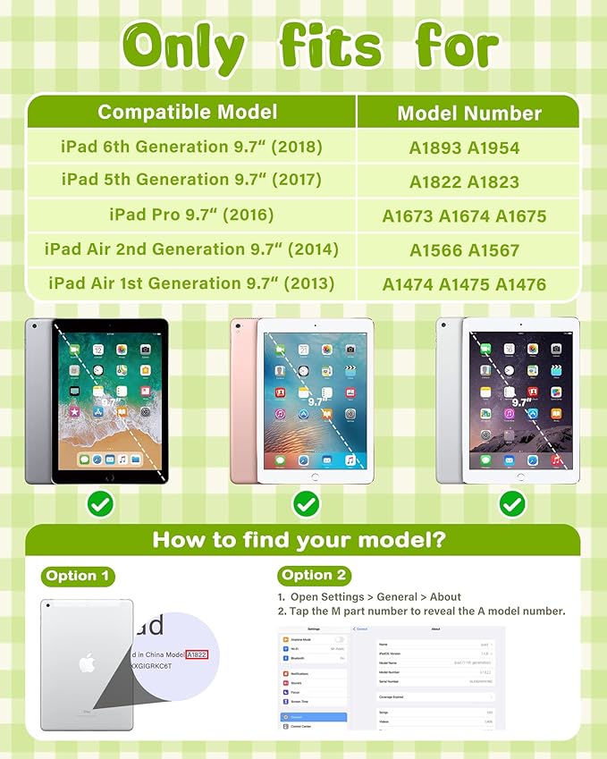 Kids Case for iPad 5th/6th Generation (9.7 inch, 2017/2018) & iPad Air 1/2 9.7" & Pro 9.7, Durable Shockproof Lightweight Kids Cover with Shoulder Strap/Handle/Kickstand, Light Green