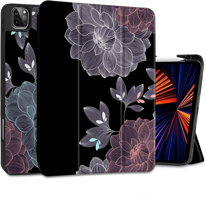 DONGKE Case for 2022/2021/2020/2018 iPad Pro 11 inch Gen 4/3/2/1 - Slim Protective Case - Built in Pencil Holder Support Charging - Trifold Stand & Sleep/Wake Cover - Elegant Flowers
