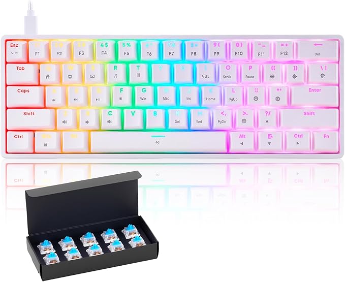 Mechanical 60% Keyboard RGB 1680M Color Backlit Compact Mini 61 Key Blue Switch Portable Keypad Compatible with Windows iMac Laptop PC Computer Office Gamer(White)