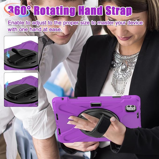 Batianda Case for New iPad Pro 11-inch 2025 M5 2024 M4 Chip Heavy Duty Rugged Durability Silicone Tablet Cover with 360° Rotating Hand Strap Foldable Hidden Stand & Shoulder Strap, Purple