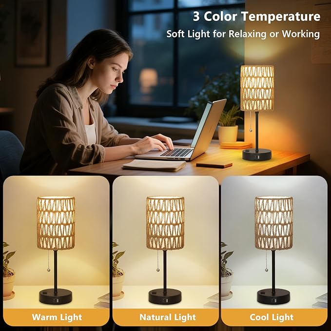 Rattan Bedside Table Lamps Set of 2 - Boho Lamps With 3 Color Temperatures & USB AC Port, Pull Chain Table Lamp For Bedroom, Cute Small Lamp For Nightstand Office Desk Bed Side End Table Living Room