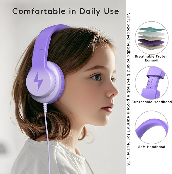 Candy Bila Kids Headphones, Wired Headphones for Kids Over Ear with Microphone, 85/94dB Volume Limiter Headphone for Girls Boys, Foldable Headphone for Learning & Entertainment, Gradient Deep Purple