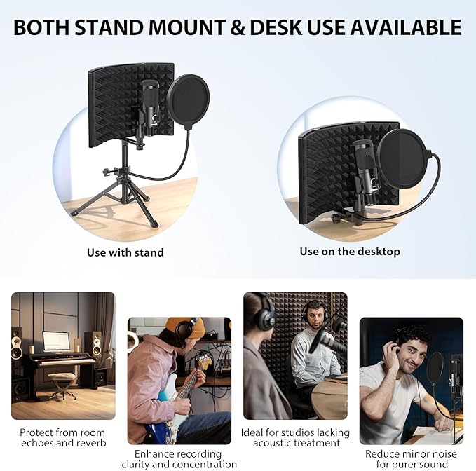 Studio Recording Microphone Isolation Shield with Pop Filter and Metal Tripod Stand USB Condenser Mic to PC Laptop Smartphone, Mic for Recording Singing Podcasting