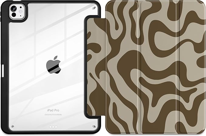 TWOLSKOO Case for iPad Pro 11-inch (M5 2025 / M4 2024), Clear Acrylic Back with TPU Bumper, Pencil Holder, Trifold Stand, Auto Sleep/Wake, Brown Waves