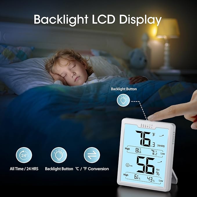 DOQAUS Digital Hygrometer Room Thermometer Indoor, Humidity Meter with Large LCD Display, Backlight Temperature Humidity Monitor with Max Min Records, White