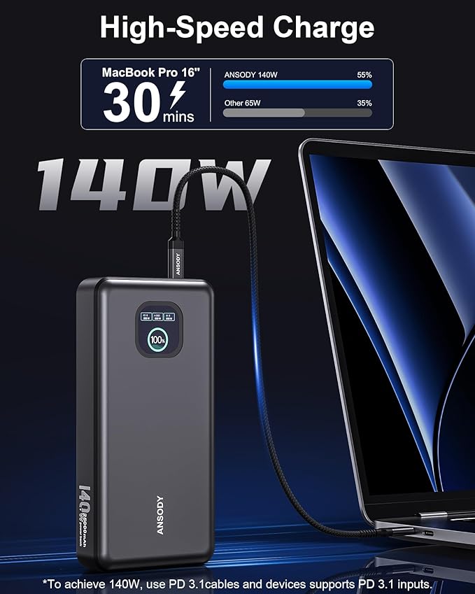 140W Power Bank, 25000mAh Laptop Portable Charger with Smart Digital Display, PD3.1 Fast Charging Battery Pack for MacBook Dell XPS iPad Tablet Steam Deck iPhone 17-12 Series Samsung Switch and More