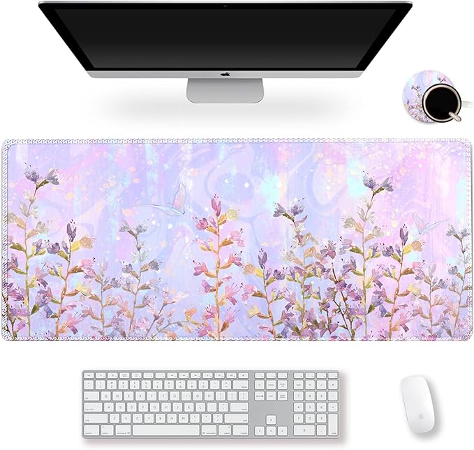 ARTSO Large Gaming Mouse Pad with Stitched Edges, XXL Extended Keyboard Mat Long Mousepad Desk Decor Writing Pad 35.1x15.7 in, Non-Slip Base for Work, Game, Office, Home, Pink Purple Plant