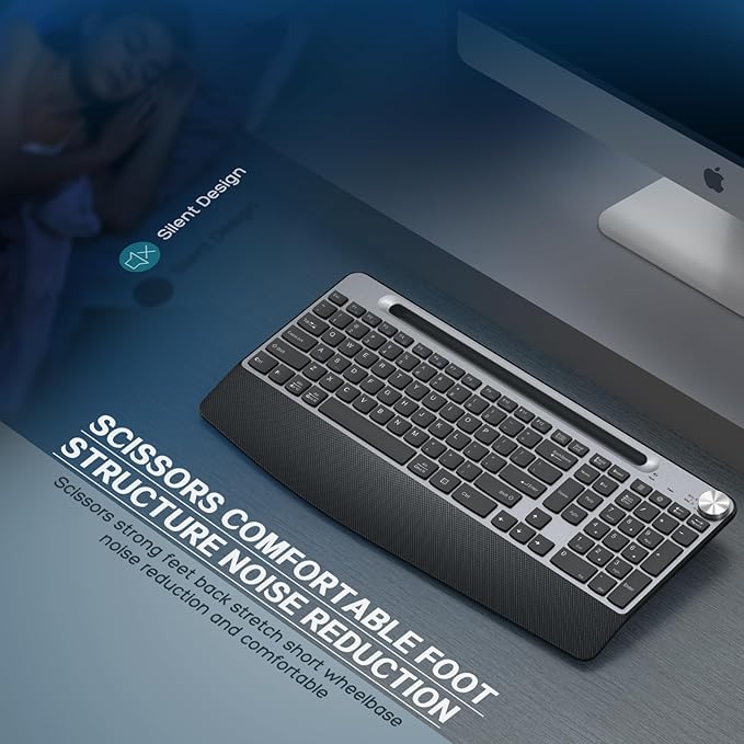 GAMCATZ Ergonomic Wireless Keyboard with Wrist Rest-Low-Profile,Phone/Tablet Holder,Quiet Design，Windows & Mac OS，Full Size Cordless USB Computer Keyboard for Desktop,Laptop, PC, Mac, Windows-Black