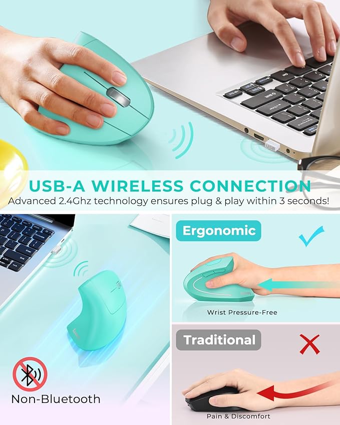 Lekvey Ergonomic Mouse, Vertical Wireless Mouse Rechargeable 2.4 GHz Optical Carpal Tunnel Mouse : 800/1200 / 1600 DPI, 6 Buttons, for Laptop, PC, Mac, Computer, Desktop, Notebook etc, Green